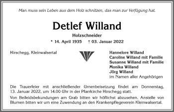 Traueranzeige von Detlef Willand von Allgäuer Anzeigeblatt