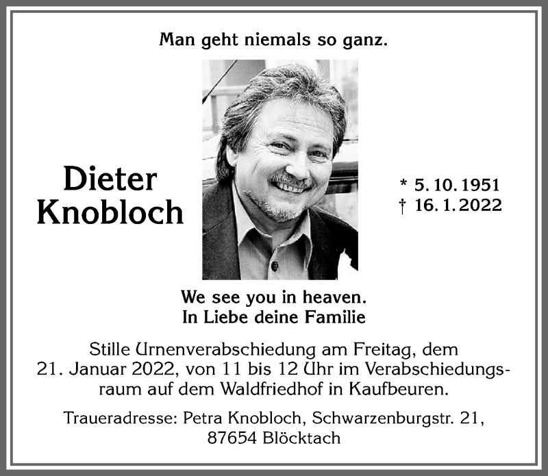  Traueranzeige für Dieter Knobloch vom 20.01.2022 aus Allgäuer Zeitung, Kaufbeuren/Buchloe