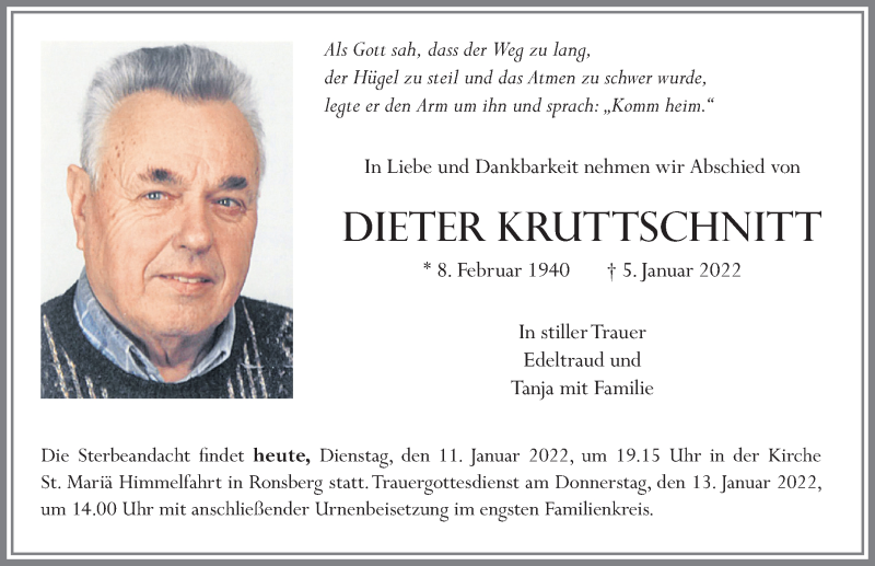  Traueranzeige für Dieter Kruttschnitt vom 11.01.2022 aus Allgäuer Zeitung, Marktoberdorf