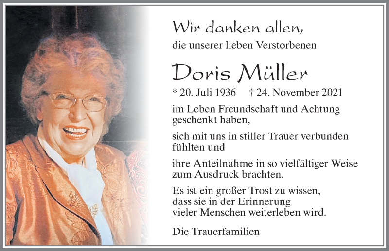  Traueranzeige für Doris Müller vom 08.01.2022 aus Allgäuer Zeitung, Füssen