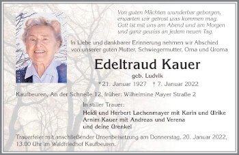 Traueranzeige von Edeltraud Kauer von Allgäuer Zeitung, Kaufbeuren/Buchloe