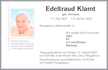 Traueranzeige von Edeltraud Klamt von Allgäuer Zeitung, Kaufbeuren/Buchloe