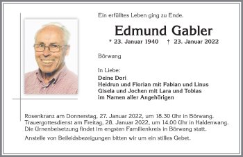Traueranzeige von Edmund Gabler von Allgäuer Zeitung,Kempten