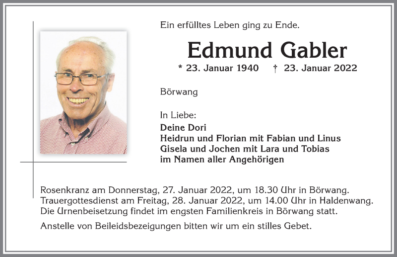  Traueranzeige für Edmund Gabler vom 26.01.2022 aus Allgäuer Zeitung,Kempten