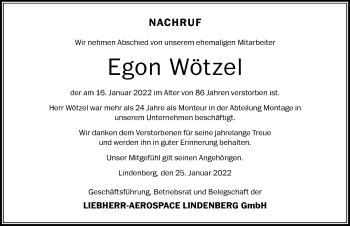 Traueranzeige von Egon Wötzel von Der Westallgäuer