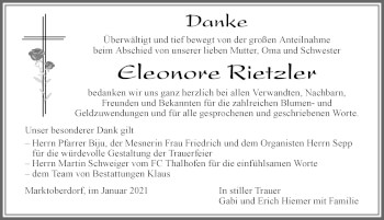 Traueranzeige von Eleonore Rietzler von Allgäuer Zeitung, Marktoberdorf