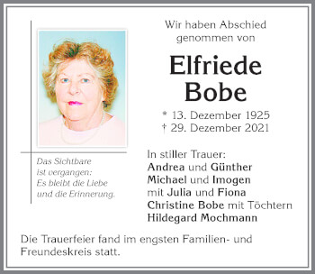 Traueranzeige von Elfriede Bobe von Allgäuer Zeitung,Kempten