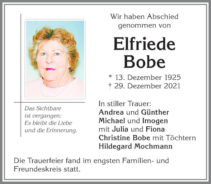  Traueranzeige für Elfriede Bobe vom 15.01.2022 aus Allgäuer Zeitung,Kempten