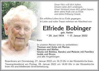 Traueranzeige von Elfriede Bobinger von Allgäuer Zeitung, Kaufbeuren/Buchloe