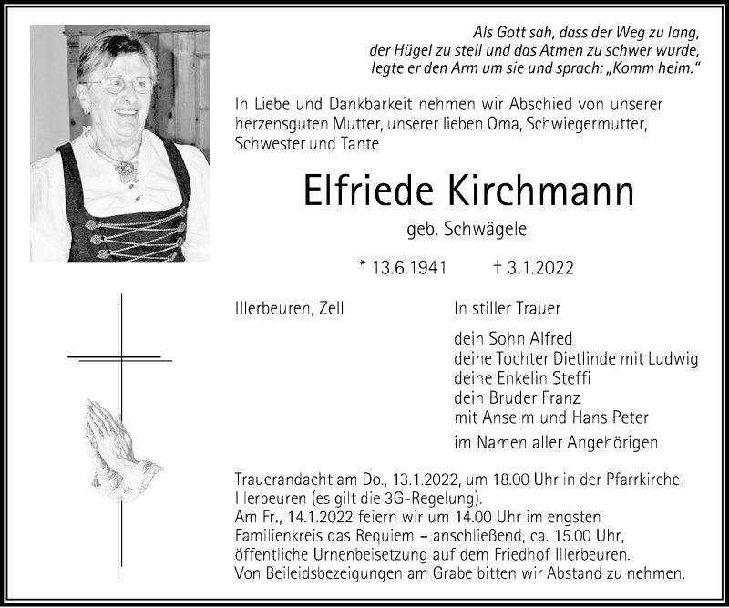  Traueranzeige für Elfriede Kirchmann vom 12.01.2022 aus Memminger Zeitung