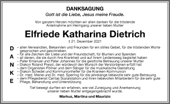 Traueranzeige von Elfriede Katharina Dietrich von Memminger Zeitung