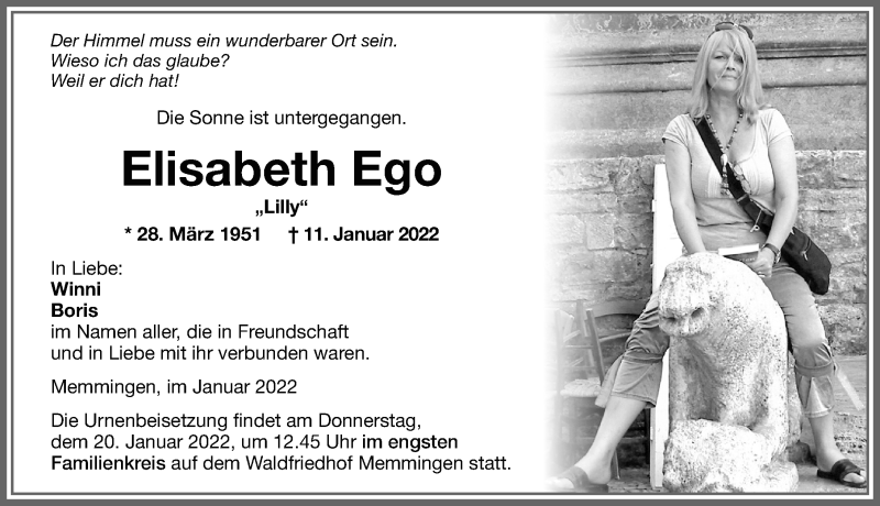  Traueranzeige für Elisabeth Ego vom 18.01.2022 aus Memminger Zeitung