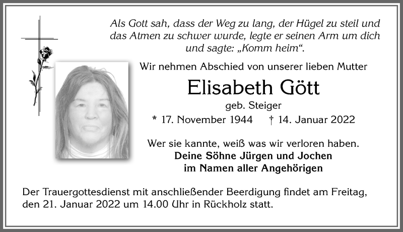  Traueranzeige für Elisabeth Gött vom 18.01.2022 aus Allgäuer Zeitung, Füssen