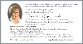 Traueranzeige von Elisabeth Greinwald von Allgäuer Zeitung, Füssen