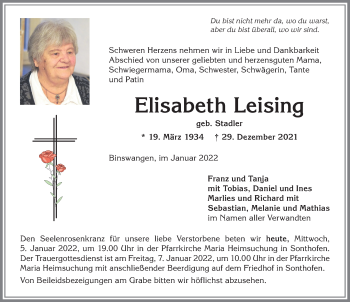 Traueranzeige von Elisabeth Leising von Allgäuer Anzeigeblatt