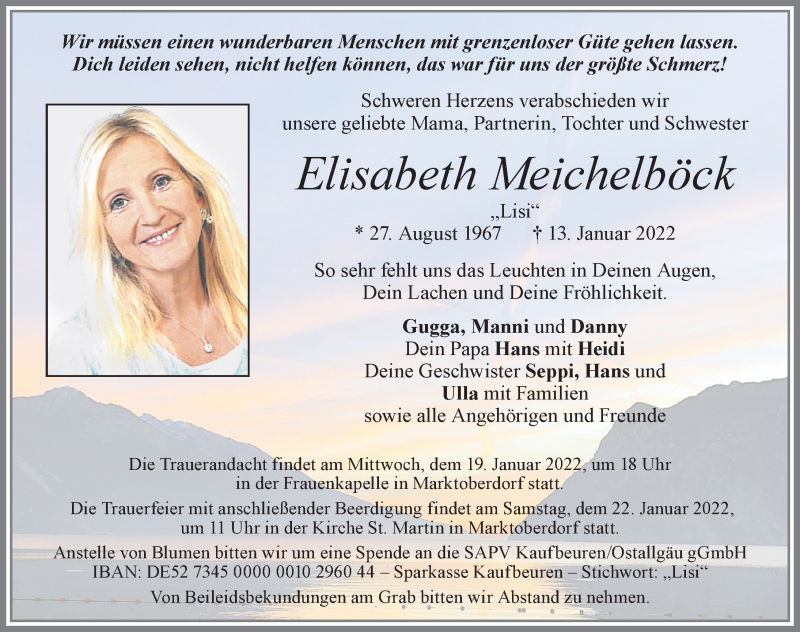  Traueranzeige für Elisabeth Meichelböck vom 18.01.2022 aus Allgäuer Zeitung, Marktoberdorf