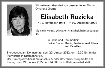 Traueranzeige von Elisabeth Ruzicka von Allgäuer Zeitung,Kempten