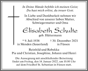 Traueranzeige von Elisabeth Schulte von Allgäuer Zeitung, Füssen