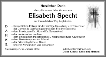 Traueranzeige von Elisabeth Specht von Allgäuer Zeitung, Kaufbeuren/Buchloe