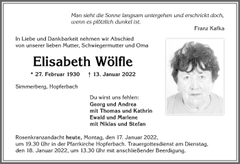 Traueranzeige von Elisabeth Wölfle von Allgäuer Zeitung, Marktoberdorf