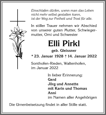 Traueranzeige von Elli Pirkl von Allgäuer Anzeigeblatt