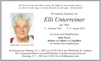 Traueranzeige von Elli Unterreiner von Allgäuer Zeitung, Füssen