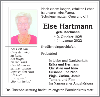 Traueranzeige von Else Hartmann von Allgäuer Zeitung,Kempten