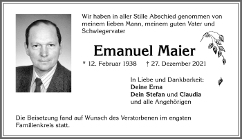 Traueranzeige von Emanuel Maier von Allgäuer Zeitung, Kaufbeuren/Buchloe