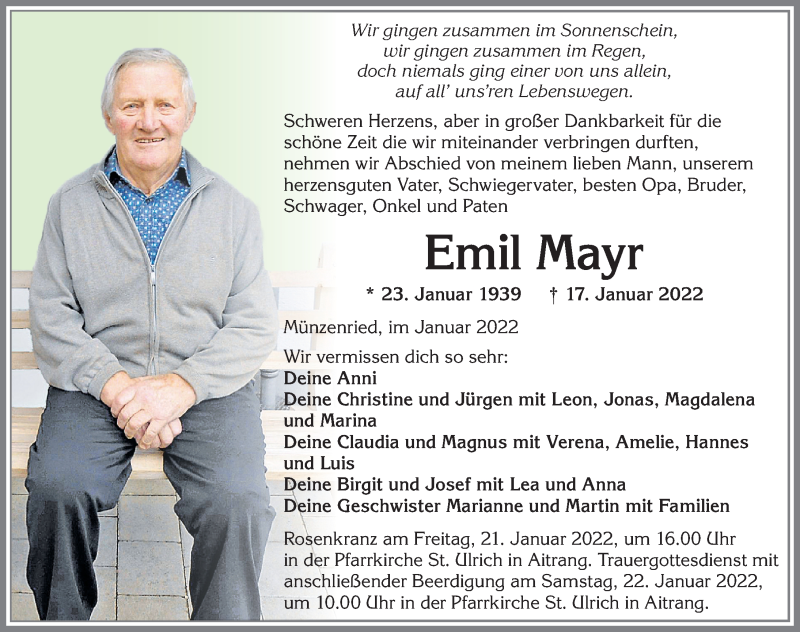 Traueranzeige für Emil Mayr vom 20.01.2022 aus Allgäuer Zeitung, Marktoberdorf