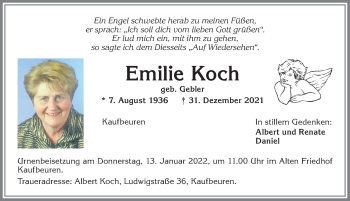 Traueranzeige von Emilie Koch von Allgäuer Zeitung, Kaufbeuren/Buchloe