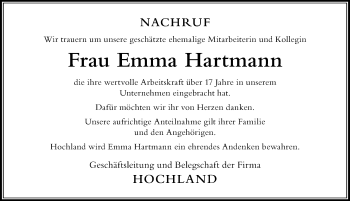 Traueranzeige von Emma Hartmann von Der Westallgäuer