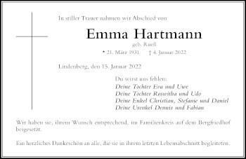 Traueranzeige von Emma Hartmann von Der Westallgäuer
