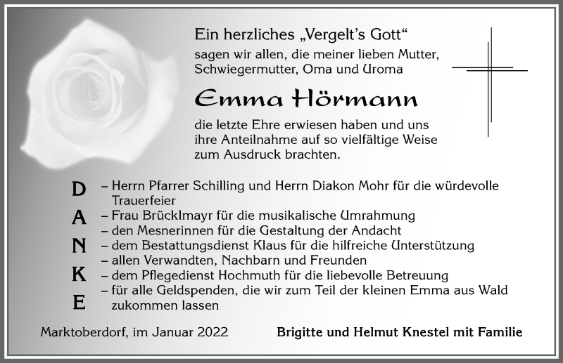  Traueranzeige für Emma Hörmann vom 29.01.2022 aus Allgäuer Zeitung, Marktoberdorf