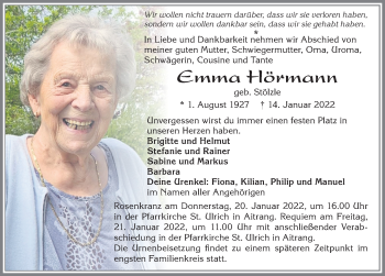 Traueranzeige von Emma Hörmann von Allgäuer Zeitung, Marktoberdorf