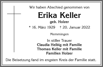 Traueranzeige von Erika Keller von Memminger Zeitung