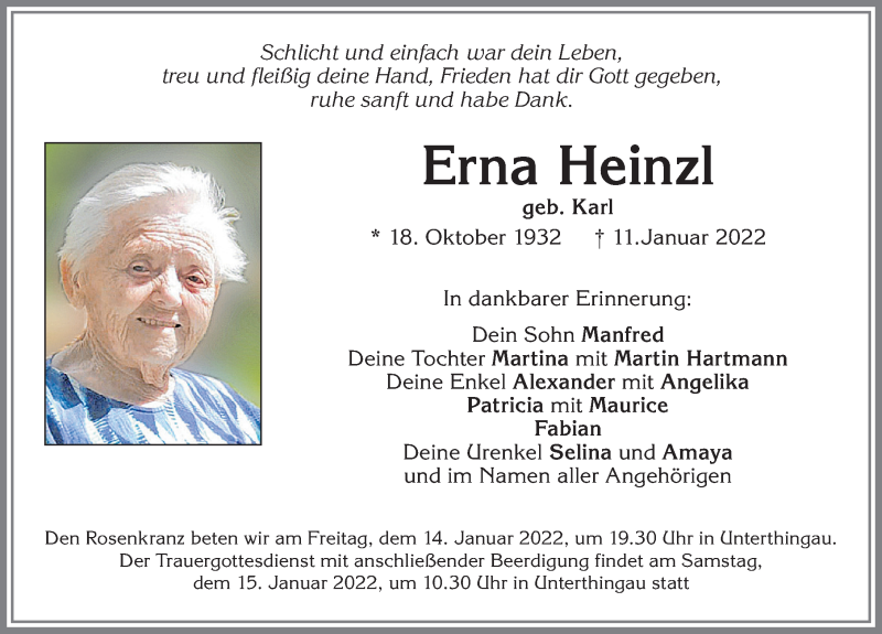  Traueranzeige für Erna Heinzl vom 13.01.2022 aus Allgäuer Zeitung, Marktoberdorf