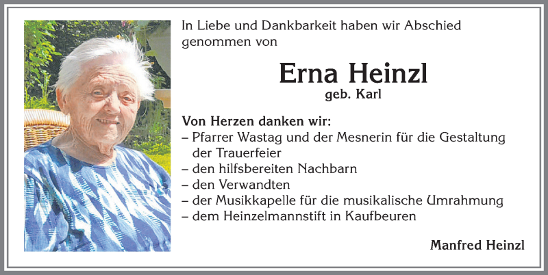  Traueranzeige für Erna Heinzl vom 29.01.2022 aus Allgäuer Zeitung, Marktoberdorf