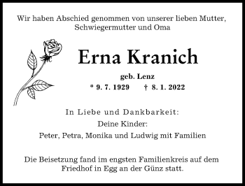 Traueranzeige von Erna Kranich von Memminger Zeitung