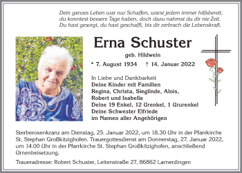 Traueranzeige von Erna Schuster von Allgäuer Zeitung, Kaufbeuren/Buchloe