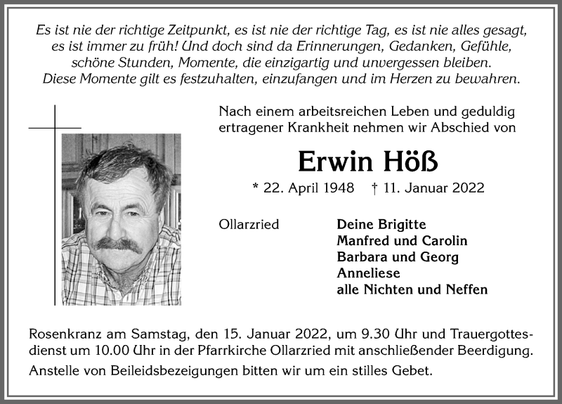  Traueranzeige für Erwin Höß vom 14.01.2022 aus Memminger Zeitung