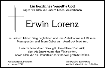 Traueranzeige von Erwin Lorenz von Allgäuer Zeitung, Marktoberdorf