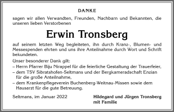 Traueranzeige von Erwin Tronsberg von Allgäuer Zeitung,Kempten