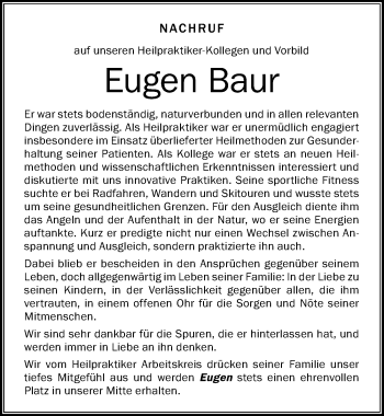 Traueranzeige von Eugen Baur von Der Westallgäuer