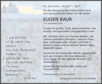 Traueranzeige von Eugen Baur von Der Westallgäuer