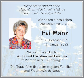 Traueranzeige von Evi Manz von Allgäuer Zeitung,Kempten