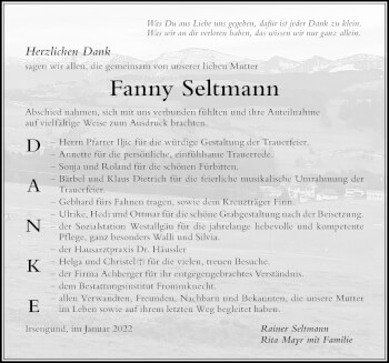 Traueranzeige von Fanny Seltmann von Der Westallgäuer
