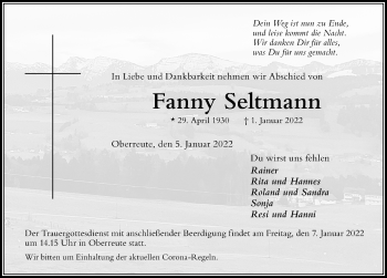 Traueranzeige von Fanny Seltmann von Der Westallgäuer