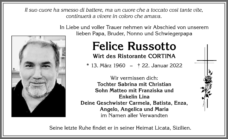  Traueranzeige für Felice Russotto vom 26.01.2022 aus Allgäuer Zeitung, Kaufbeuren/Buchloe