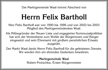 Traueranzeige von Felix Bartholl von Allgäuer Zeitung, Kaufbeuren/Buchloe