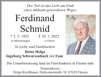 Traueranzeige von Ferdinand Schmid von Memminger Zeitung